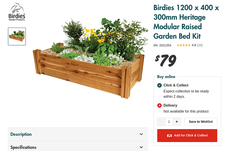 Screenshot of a Bunnings store page for the Birdies 1200 x 400 x 300mm Heritage Modular Raised Garden Bed Kit